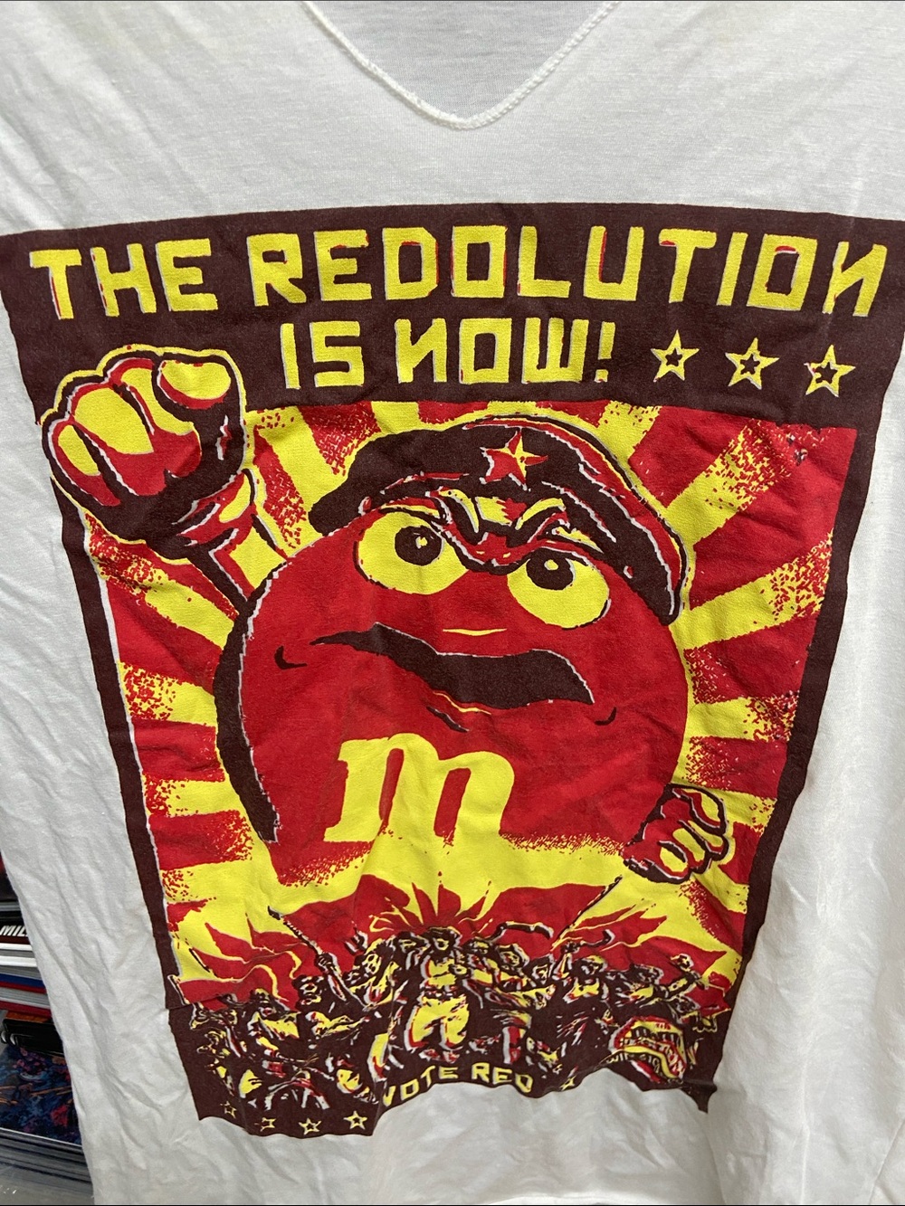 M&M'S White Graphic V-Neck Tee with Red and Yellow 'The Redolution' Print